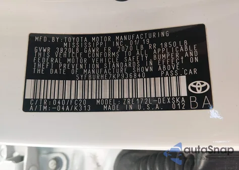 2019 Toyota Corolla Se from USA, damaged, VIN 5YFBURHE7KP936840